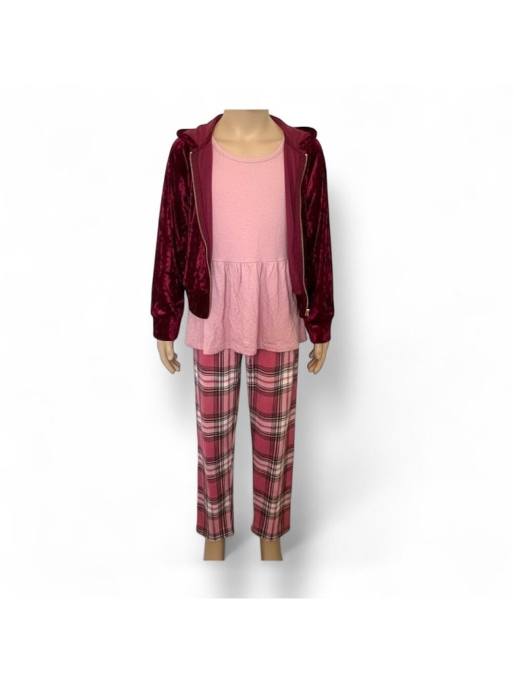 Girls’ 3‑Piece Lounge Set – Size 12 – Velvet Jacket, Peplum Tank & Plaid Pants –